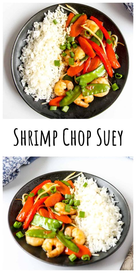 Shrimp Chop Suey is a healthy, delicious dinner! It's a simple recipe with lots of crisp vegetables and a flavorful sauce. Cook this in just one pan and just 30 minutes. A perfect meal for busy weeknights! Shrimp Chop Suey Recipe, Shrimp Chop Suey, Healthy Delicious Dinner, Seafood Recipe, Chop Suey, Blogger Photos, Easy Family Dinners, Seafood Dinner, Healthy Easy