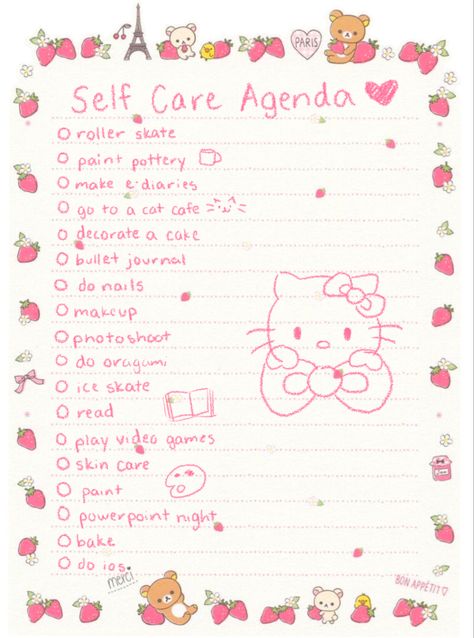 Journaling Ideas 2023, Self Care Checklist Hello Kitty, Hello Kitty Date Ideas, Journal Ideas Sanrio, Pink Journal Ideas Aesthetic, Hello Kitty Checklist, Sanrio Journal Page, Sanrio Journal Ideas, Hello Kitty Journal Ideas