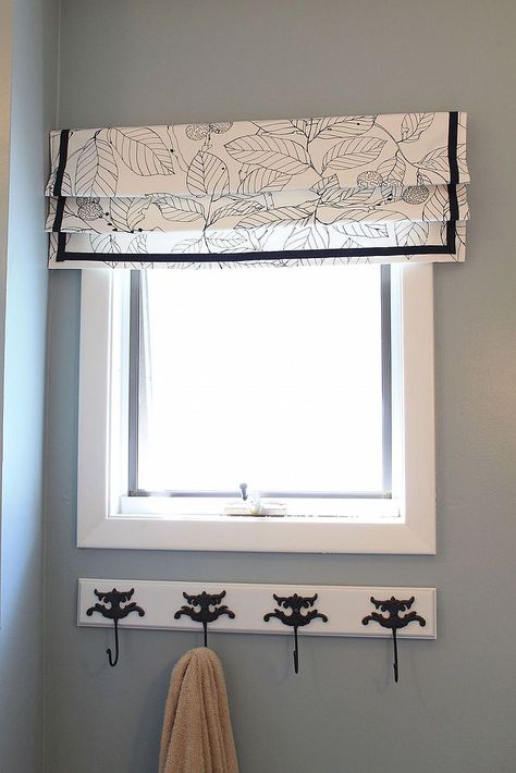 easy fake roman shade tutorial, crafts, reupholster, window treatments, Roman shade in the bathroom Sewing Curtains Valance, Bathroom Window Coverings, Roman Blinds Diy, Bathroom Door Ideas, Diy Window Shades, Roman Shade Tutorial, Simple Window Treatments, Diy Roman Shades, Faux Roman Shades