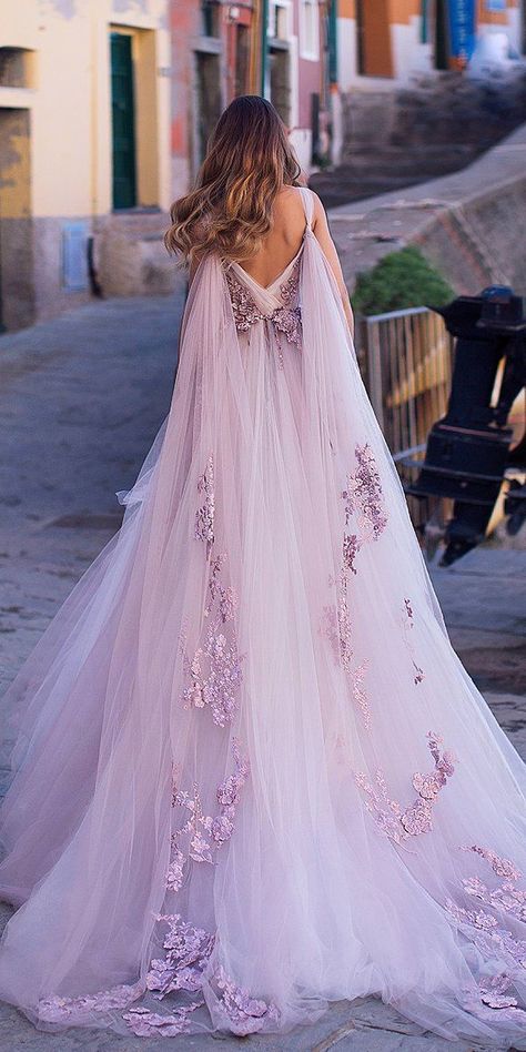 30 Disney Wedding Dresses For Fairy Tale Inspiration ❤  disney wedding dresses ball gown with cape purple rapunzel ange etoiles #weddingforward #wedding #bride Bride Dress Backless, Disney Wedding Dress, Disney Wedding Dresses, Tulle Wedding Gown, Fairy Tale Wedding Dress, Fairy Wedding, Lace Formal Dress, Fairytale Dress, Disney Dresses