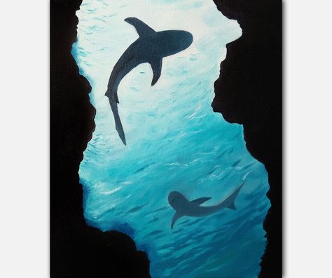 Painting Minimal, Shark Painting, Under The Water, Simple Canvas Paintings, Canvas Painting Tutorials, Cute Canvas Paintings, Easy Canvas Painting, Painting Art Lesson, Small Canvas Art