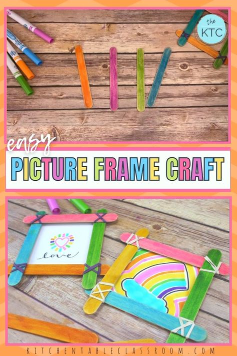 Picture Frames Diy Kids, Picture Frame Crafts For Kids, Frame Craft Ideas, Stick Photo Frame, Stick Picture Frame, Homemade Picture Frames, Popsicle Stick Picture Frame, Paper Snowflake Designs, Homemade Frames