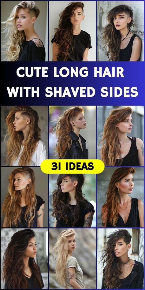 Rocker Chic Hair Long, Long Hair With Shaved Sides, Long Hairstyles For Girls, Hair With Shaved Sides, Long Hair Shaved Sides, Edgy Undercut, Edgy Long Hair, Styles For Long Hair, Women Haircuts Long