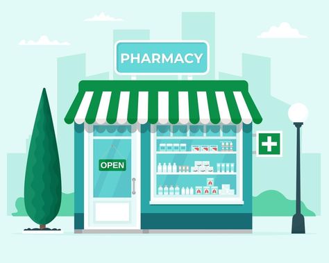 Pharmacy store front on city background. Commercial, property medicine building. Vector illustration in flat style Pharmacy Illustration Art, Bloxburg Pharmacy, Pharmacy Drawing, Pharmacy Store Front Design, Pharmacy Illustration, Pharmacy Building, Small Store Design, Aesthetic Frames, Mushroom Blue