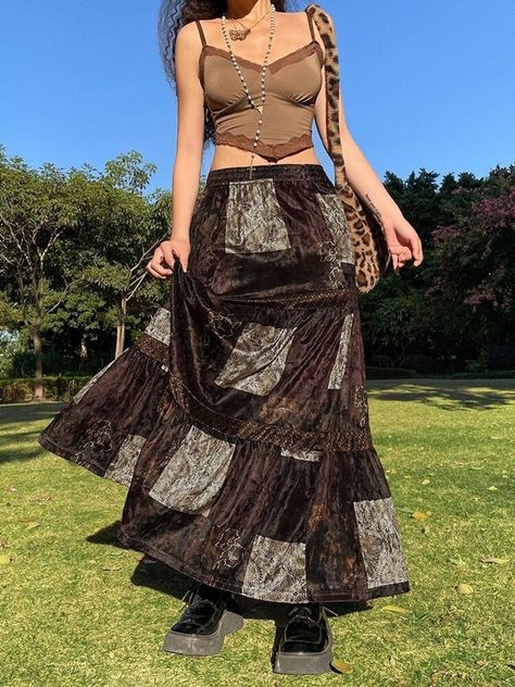 Long Brown Skirt, Long Plaid Skirt, Estilo Harajuku, Skirt Streetwear, Velvet Midi Skirt, Pleated Long Skirt, Velvet Midi Dress, Skirt Y2k, Estilo Preppy