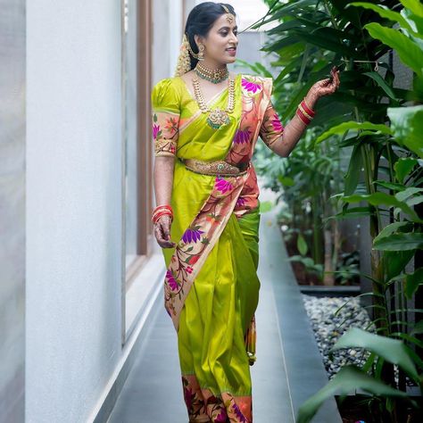 AABUSHAN JEWELLERY on Instagram: “Real bride @ramithamallidi19 charming in her attire adorning Aabushan jewellery. ———————————————————- Bride: @ramithamallidi19…” Blouse Designs For Paithani Sarees, Aabushan Jewellery, Paithani Blouse Designs Latest, Paithani Blouse Designs, Pattu Blouse Designs, Party Wear Long Gowns, Paithani Blouse, Silk Saree Blouse Designs Patterns, Lehenga Style Saree