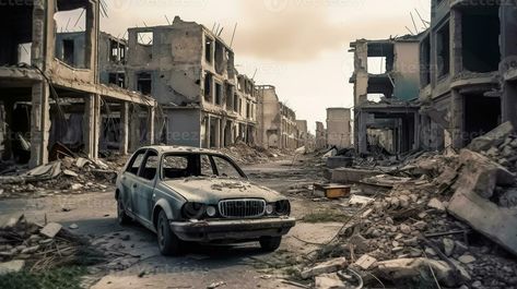 A destroyed car stands among the ruins of houses in a war-torn city, Generative AI Destroyed City, City Background, Adaptive Reuse, Tree Saw, The Ruins, Cityscape Photos, Nature Backgrounds, Enchanted Forest, Travel Lifestyle