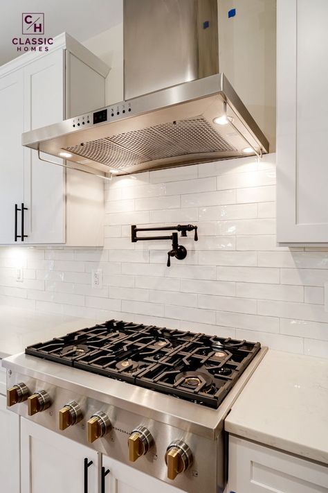 Subway Tile Stove Backsplash, Black Potfiller Backsplash, Irregular Subway Tile, Oven Faucet Pot Filler, Pit Filler Kitchen, Water Over Stove Pot Filler, Gas Stove With Pot Filler, Potfiller Backsplash Subway Tiles, Pasta Faucet Pot Filler