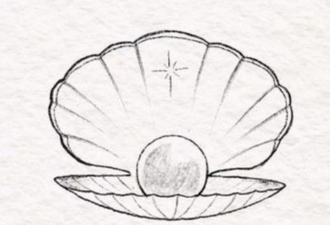 Clam Pearl Drawing, Seashell Pearl Drawing, Open Clam Shell Drawing, Pearl In Clam Drawing, Clams Drawings, Clamshell With Pearl Tattoo, Pearl In Shell Drawing, Seashell Line Drawing, Easy Seashell Drawing