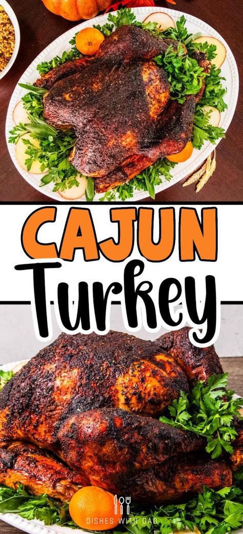 This Cajun Turkey is seasoned with a Cajun butter marinade injection, then coated with herb butter and Creole seasoning for a delicious roasted turkey with a bold, zesty flavor. In this post, I'll provide you with simple step-by-step instructions and expert tips to help you prepare this delicious meal perfectly every time! Cajun Fried Turkey Recipe, Cajun Turkey Recipe, Cajun Fried Turkey, Deep Fried Turkey Recipes, Cajun Turkey, Fried Turkey Recipes, Cajun Fries, Deep Fried Turkey, Fried Turkey