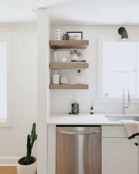 lindsay | nashville on Instagram: “I can tell you this much, my kitchen doesn’t not look this clean right now 🤪” Kitchen Shelves Lighting, Shelves Lighting, Sconces Kitchen, Kitchen Staging, Kitchen Open Shelves, Industrial Room, Black Vanity Bathroom, Adjustable Wall Light, Styling Shelves