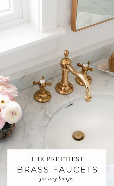 Good Faucet Bathroom, Small Bathroom Brass Fixtures, Black And White Bathroom Brass Fixtures, Bathroom Lighting Over Mirror Double Sinks Sconces, Powder Room Brass Fixtures, Vintage Faucets Bathroom, Bathroom Fixtures 2023, Phylrich Faucet, White Bathroom Gold Fixtures