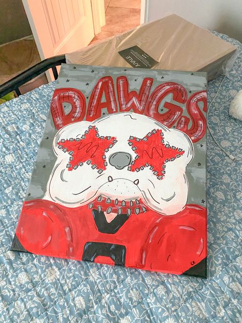 Uga Bulldog Painting, Georgia Bulldog Painting Easy, Uga Painting Ideas, Georgia Bulldog Painting, Uga Painting Canvases, Uga Painting, Preppy Paintings Canvases, College Canvas Paintings, College Paintings