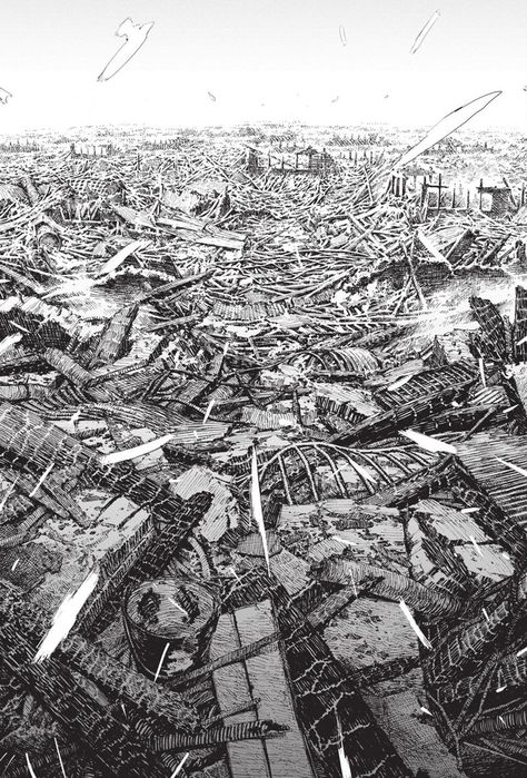 Destroyed City Background, Destroyed City, Fire Punch, Monster Artwork, Ink Pen Art, Comic Book Layout, Perspective Drawing Architecture, Background Search, Anime City