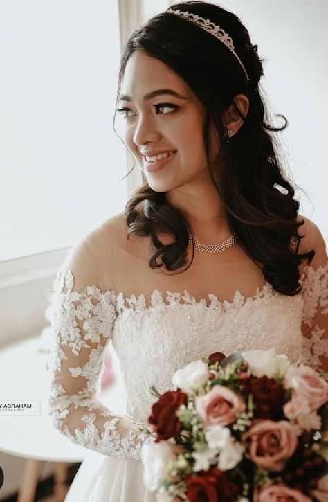 Christian Bride Hairstyle With Crown, Christian Wedding Dress, Christian Wedding Gowns, Christian Bridal Saree, Bride Reception Dresses, Simple Lace Wedding Dress, Wedding Frocks, Christian Bride, Long Veil Wedding