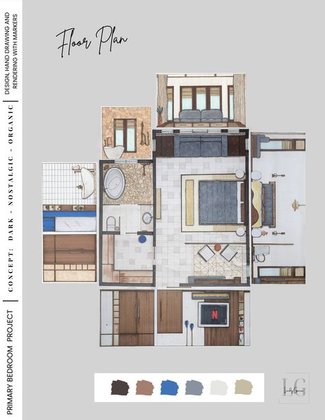 Concept: Dark • Nostalgic • Organic. Technique: Hand Rendering (Markers). Hand Rendering, Rendered Floor Plan, Rendering Techniques, Primary Bedroom, Design School, Hand Drawing, Interior Decoration, Decor Interior Design, School Design