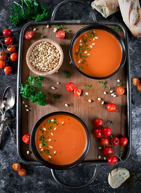 Easy-to-make Instant Pot Roasted Red Pepper and Tomato Bisque will satisfy your cravings on cold days. It's THE perfect comfort food that's made with healthy ingredients and is GF and vegan too! #instantpot #instantpotsoup #vegansoups #tomatobisque Butternut Squash Curry, Garlic Rolls, Tomato Bisque, Instant Pot Soup, Roasted Red Pepper, Red Tomato, Vegan Soups, Roasted Chickpeas, Roasted Peppers