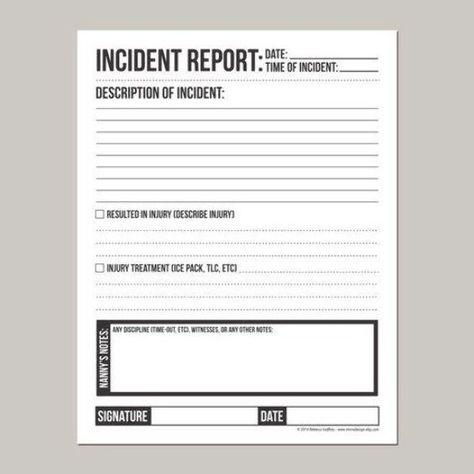 Incident Report Form Daycare Free, Daycare Printables Forms, Nanny Binder, Daycare Worker, Nanny Ideas, Infant Daycare, Daycare Organization, Preschool Assessment, Incident Report Form