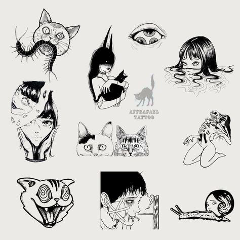 Junji Ito Cat Tattoo, Paranoid Tattoo Ideas, Junji Ito Flash Tattoo, Simple Junji Ito Tattoo, Juno Ito Tattoo, Junji Ito Tattoo Design, Junji Tattoo, Small Tattoos Dark, Hells Paradise Tattoo