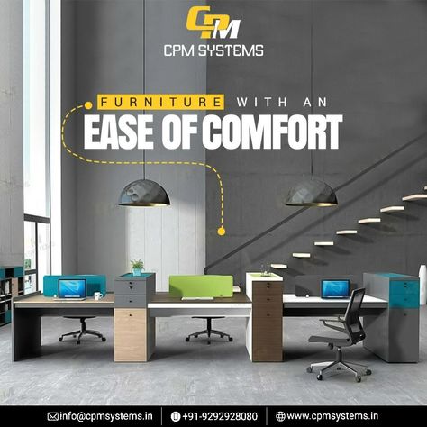 CPM Systems' office furniture designs are crafted to elevate the décor of any office, offering furniture solutions that are stylish and visually appealing. Our furniture designs are created with both form and function in mind, ensuring that they meet the specific needs of modern workspaces while also adding an element of style and sophistication. Interior Social Media Post, Floor Skirting, Furniture School, Dj Event, Standee Design, Furniture Desk, Ad Ideas, Company Office, System Furniture