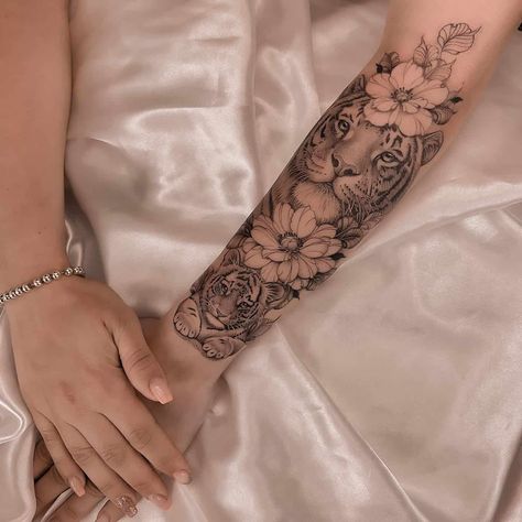 Flower Tiger Tattoo, Floral Tiger Tattoo, Tiger With Flowers Tattoo, Tiger Forearm Tattoo, Tiger Tattoo Ideas, Tiger Tattoo Designs, Lower Arm Tattoos, Beautiful Tiger, Tiger Tattoo Design