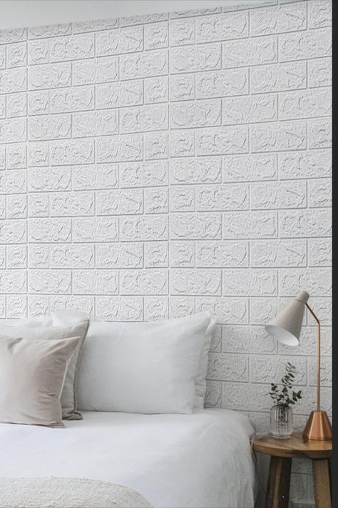 Elevate your interior with 3D Brick Wallpaper in White! These faux foam brick wall panels are easy to peel and stick, adding a touch of sophistication to your bedroom, living room, and laundry decor. Plus, they're waterproof for added convenience. #3DBrickWallpaper #WhiteBrick #PeelAndStick #FauxBrickPanels #InteriorDesign #BedroomDecor#modern wall paneling White Brick Wall Bedroom, White Brick Wallpaper Bedroom, Foam Brick Wall, Bedroom Brick Wall, Brick Wallpaper Bedroom, 3d Brick Wall Panels, Brick Wall Panels, 3d Brick Wallpaper, White Brick Wallpaper