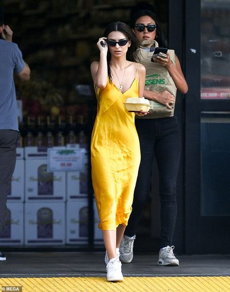 Step up your sporty style like Emily in her Nike Air Force 1's #DailyMail Slip Dress With Sneakers, Yellow Prom Dress Long, Yellow Dress Outfit, Silk Outfit, Slip Dresses, Silk Slip Dress, Hollywood Life, Hello Sunshine, Emily Ratajkowski