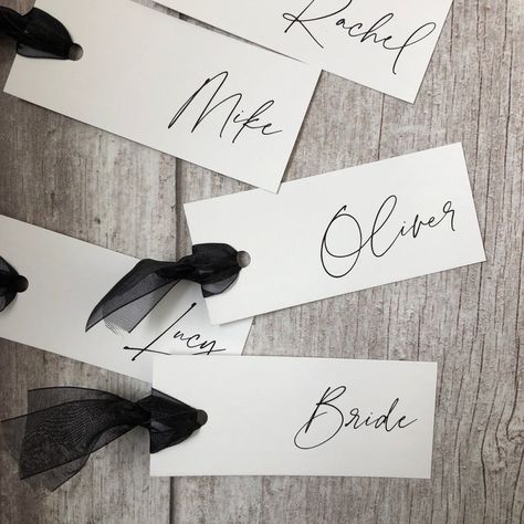 Ribbon Place Cards, Black And White Elegant Wedding, Bohemian Invitation, Wedding Name Cards, Card Table Wedding, Name Place Cards, Gold Foil Wedding, Garden Wedding Inspiration, Black Wedding Invitations