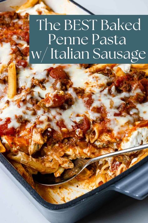 Baked Penne Pasta with Italian Sausage - Mom's Dinner Baked Penne Pasta Recipes, Italian Sausage Pasta Bake, Penne With Sausage, Lasagna Layers, Pasta With Italian Sausage, Sausage Penne Pasta, Penne Pasta Recipe, Pasta Sausage, Sausage Penne