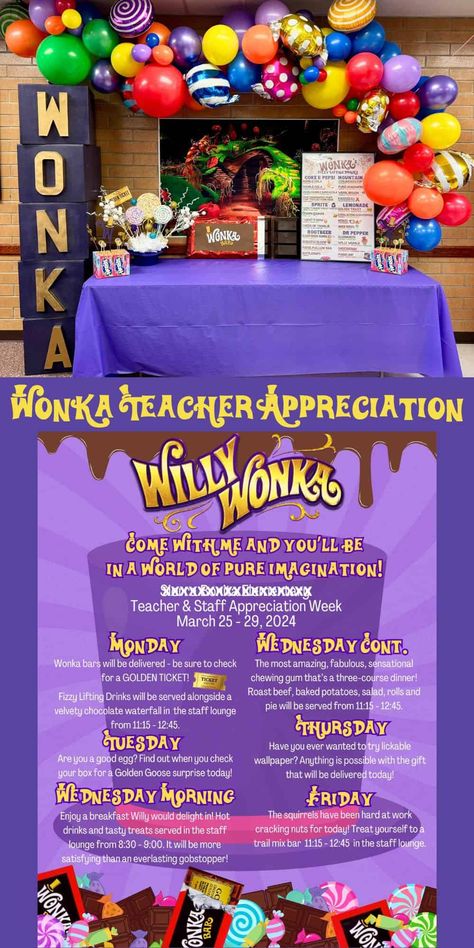 This Willy Wonka Teacher Appreciation Week Theme has inspiration for decor, gifts, food & more. It's a sugary sweet way to spread some love! Staff Appreciation Theme Week, Wonka Teacher Appreciation, Theme Week Ideas For Work, Teacher Break Room Snack Ideas, Teacher Appreciation Staff Gifts, Willy Wonka Teacher Appreciation Week, Staff Appreciation Week Theme Ideas, Teacher Appreciation Events, Back To School Teacher Appreciation