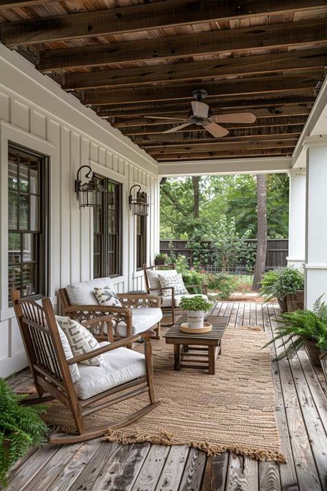 55 Farmhouse Patio Ideas for Charming and Rustic Style Farmhouse Porch Furniture Ideas, Wrap Around Porch Decorating Ideas, Black And White Patio Ideas, Farmhouse Patio Ideas, Country Patio, Relaxing Patio, Deck Railing Ideas, Farmhouse Porch Decor, Farmhouse Patio