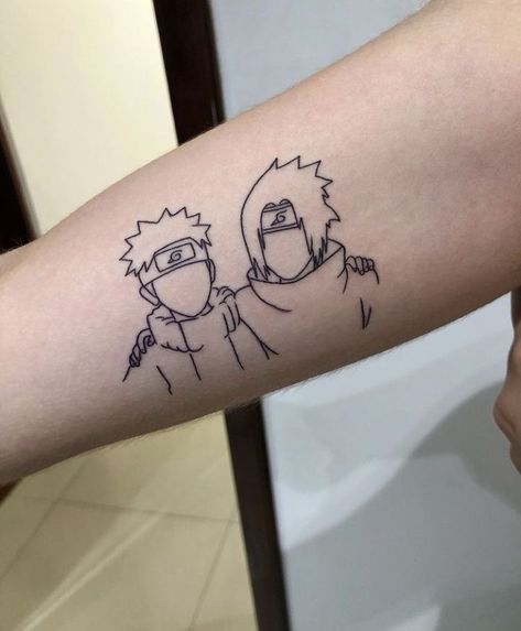 Anime Duo Tattoos, Mini Naruto Tattoo, Minimalistic Naruto Tattoo, Naruto Fine Line Tattoo, Anime Fine Line Tattoo, Your Name Anime Tattoo, Matching Tattoos Anime, Naruto And Sasuke Tattoo, Naruto Tatoos Ideas