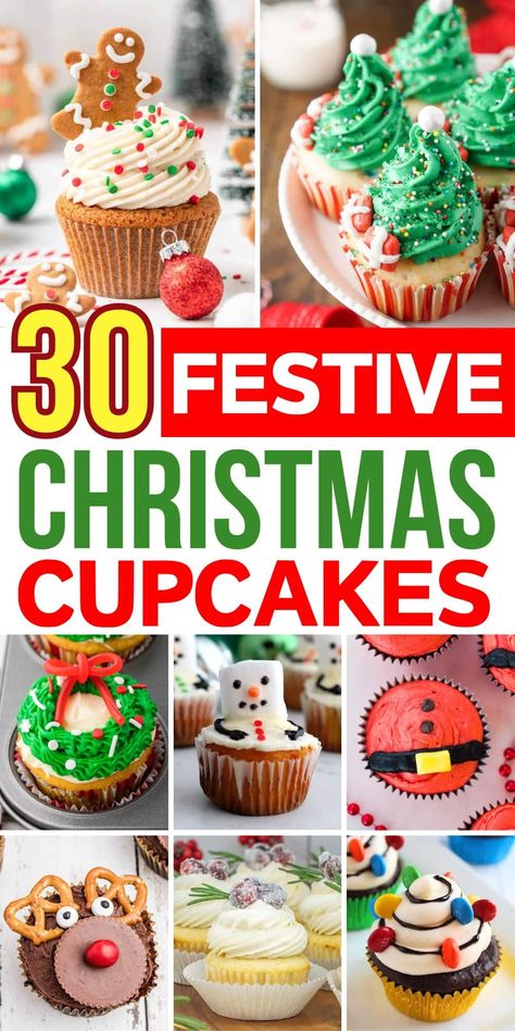 These festive Christmas cupcakes make the best holiday desserts! This list of Christmas cupcake recipes includes holiday flavors like gingerbread, eggnog, cinnamon, and peppermint. Plus, there's cute Christmas cupcake decorating  ideas, like Christmas light cupcakes, Santa, reindeers, holiday wreaths, and more! Many easy Christmas cupcake ideas both kids and adults will love! Christmas Muffin Ideas, Reindeer Cupcakes Christmas, Easy Christmas Cupcake Ideas, Christmas Cupcake Flavors, Christmas Cupcake Recipes, Christmas Dessert Platter, Christmas Cupcake Ideas, Easy Christmas Cupcakes, Christmas Muffins