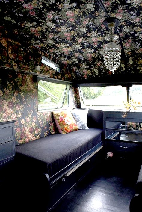 black floral with chandelier Goth Camper, Vintage Caravan Interiors, Caravan Vintage, Caravan Home, Airstream Interior, Retro Caravan, Caravan Interior, Vintage Caravan, Vintage Caravans