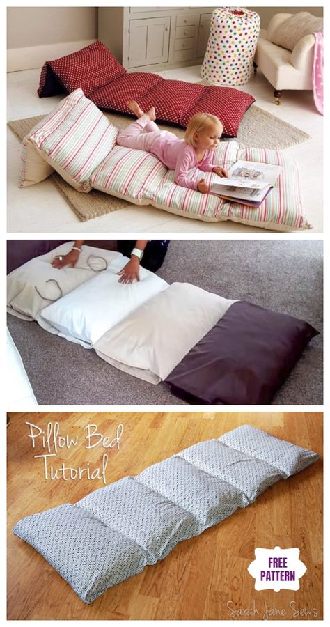 DIY Simple Roll Up Pillow Bed Tutorial - Video Diy Pillow Bed, Floor Cushions Diy, Floor Pillow Bed, Floor Pillows Diy, Kids Pillows Bed, Kids Floor Cushions, Bed Tutorial, Floor Pillows Kids, Pillow Lounger