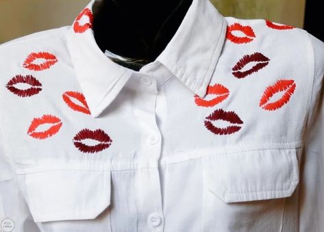 Yes, these are hand embroidered! Love how unique and neat these kiss patterns look on this white shirt 💋 Available im different patterns and size upon order. 🧵🧶👔 To get your own hand embroidered product, feel free to make your order for any desirable color, pattern or product. Karibuni Your fabric, your right to style! #Embroidery #EmbroideryArt #HandEmbroidery #Handmade #EmbroideryArtist #EmbroideryWork #EmbroideryDesign #EmbroideryLove #Art #Hoop #HoopArt #ThreadArt #Shirt Im Different, Embroidery On Shirt, Kiss Mark, Thread Art, Hoop Art, Different Patterns, Look On, Embroidery Art, White Shirt