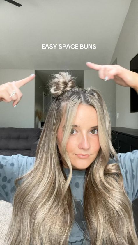 Alexa Mcmanaman | Easy space buns ⭐️⭐️ • • • • • • • #easyhairstyles #hairhacks #spacebuns #memorialday #cutehairstyles | Instagram Space Buns For Adults, Medium Length Hair Styles Space Buns, Cute Hairstyles With Buns, How To Space Buns, Alien Space Buns, Space Bun Half Up Half Down, Half Up Space Buns Medium Hair, Space Buns With Scrunchies, How To Make Space Buns