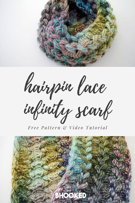 Hairpin lace infinity scarf. Click through for the free pattern and video tutorial! #BHooked #Crochet #FreeCrochetPattern Lace Infinity Scarf, Hairpin Lace Patterns Free, Infinity Scarf Free Pattern, Hairpin Lace Patterns, Scrubby Pattern, Scarf Free Pattern, Big Momma, Hairpin Lace Crochet, Hairpin Lace