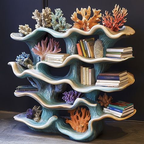 This coral-inspired bookshelf brings the beauty of the ocean into your home, with its organic, branching structure mimicking the intricate forms of underwater reefs. Crafted with flowing, asymmetrical shelves that resemble coral formations, the design creates a stunning visual centerpiece while providing ample space for books and decorative items. The natural curves and soft edges evoke a sense of tranquility and connection to the sea, making this bookshelf both functional and artistic, perfe... Ocean Themed Bookshelf, Coral Bookshelf, Coral Shelf, Themed Bookshelf, Asymmetrical Shelves, Woman House, Sea Things, Ocean Books, Coral Design