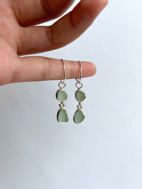 Handmade Two-Stone Sealgass Hoops Earrings -  Seafoam Earrings - Dangle Seaglass Earrings -Handmade Gift -Handmade Hoops - Granules Earrings Portfolio Ideas, Sea Glass Earrings, Hoops Earrings, Sea Glass Jewelry, Gift Handmade, Glass Earrings, Handmade Jewellery, Earrings Dangle, Soldering