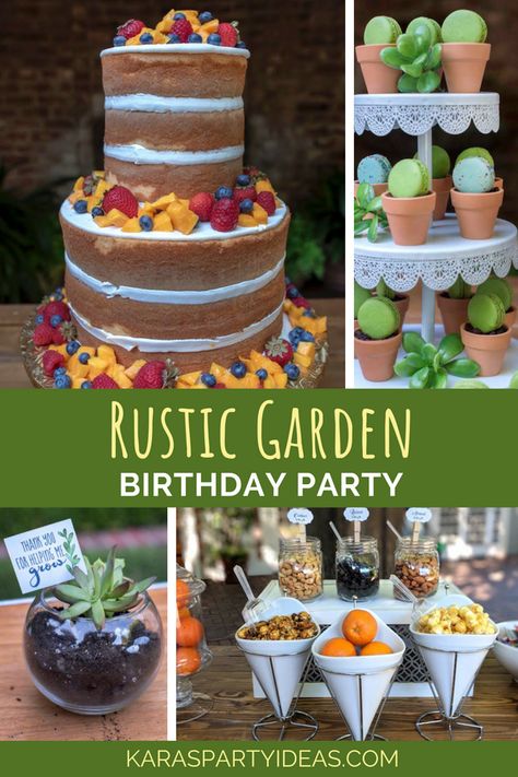 Kara's Party Ideas Rustic Garden Birthday Party | Kara's Party Ideas Greenhouse Birthday Party, Plant Party Food Ideas, Plant Party Food, Succulent Themed Party Food, Gardening Birthday Party, Plant Theme Birthday, Planting Birthday Party, Plant Themed Baked Goods, Plant Birthday Party