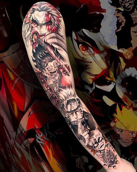 60 Unique Anime Tattoos Ideas to Inspire Your Next Ink Masterpiece Anime Arms, Slayer Tattoo, Hunter Tattoo, Christian Sleeve Tattoo, Manga Tattoo, One Piece Tattoos, Naruto Tattoo, Omerta Tattoo, Pokemon Tattoo