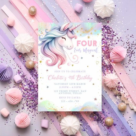 Unicorn Editable 4th Birthday Invitation, 4th Birthday Invite, Four Ever Magical Invite, Unicorn Party, Girl Pastel Unicorn Rainbow Invite Unicorn Birthday Invitation, 4 Ever Magical Birthday, Invitation Card Unicorn, Unicorn 4th Birthday Shirt, Rainbow Unicorn Party Invitation, Rainbow Party Invitations, Fourever Magical Unicorn Birthday, Invitation Card Design Birthday Unicorn, Unicorn Party Invites