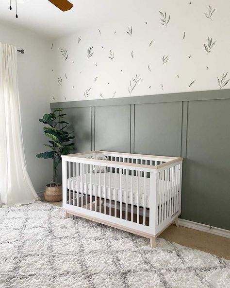 Nursery Room Green Wall, Nursery Accent Wall Half Wallpaper, Sage Green Nursery With Grey Crib, Nursery Accent Wall Sage Green, Shiplap Nursery Wall Gender Neutral, Wall Treatments Nursery, Half Wood Accent Wall Nursery, Gender Neutral Nursery Green Accent Wall, Small Nursery Ideas Wallpaper