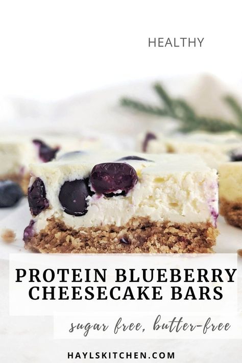 Beautiful and creamy Protein Blueberry Cheesecake Bars aka healthy blueberry cream cheese dessert bites! This healthy blueberry cheesecake bars use protein powder and greek yogurt, and have a healthy cheesecake crust with no butter! Protien Cheesecake Bites, Greek Yogurt Oatmeal Bars, High Protein Blueberry Cheesecake, Blueberry Cream Cheese Dessert, Protein Blueberry Cheesecake, Healthy Blueberry Cheesecake, Protein Cheesecake Bites, Macro Desserts, Low Calorie Cheesecake