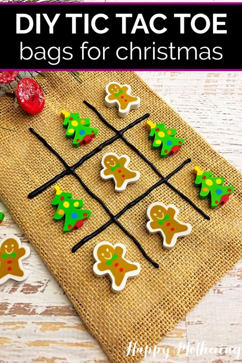 Are you looking for a fun and useful kids Christmas craft? This easy DIY Tic Tac Toe Game has a reusable carry bag that doubles as the game board! Great for long days in the car over the holidays. Also makes a great handmade gift idea for classrooms. #christmas #christmascrafts #kidschristmascrafts #kidscrafts #kidsactivities #tictactoe #tictactoegame #jutebags #christmaserasers #classroomcrafts #howto #diy #diytictactoegame #diygames #kidsgames #christmasideas Elf Tic Tac Toe Printable, Air Dry Tic Tac Toe, Christmas Tic Tac Toe Printable, Games Kids Cheistmaa, Tic Tac Game, Diy Tic Tac Toe Game, Christmas Tic Tac Toe, Diy Tic Tac Toe, Kids Christmas Craft