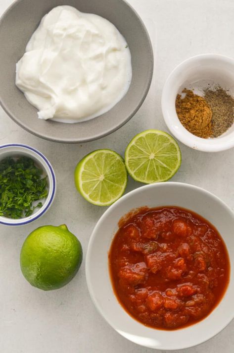 Ingredients including Greek yogurt, salsa, lime, cilantro and seasoning. Cilantro Lime Greek Yogurt Sauce, Creamy Salsa, Chick Fil A, Plain Greek Yogurt, High Protein, Nachos, Greek Yogurt, Gluten Free Vegetarian, Cilantro