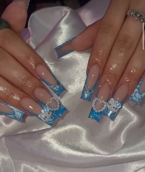 Baby Blue Acrylic Nails, Quinceanera Nails, Baby Blue Nails, Blue Acrylic Nails, Colored Acrylic Nails, Hello Kitty Nails, Pretty Gel Nails, Really Cute Nails, Long Square Acrylic Nails