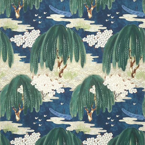 Weeping Willow Tree Wallpaper, Willow Tree Wallpaper, Willow Trees Garden, Anna French Wallpaper, Chinoiserie Painting, Textiles Sketchbook, Thibaut Wallpaper, Willow Trees, French Wallpaper