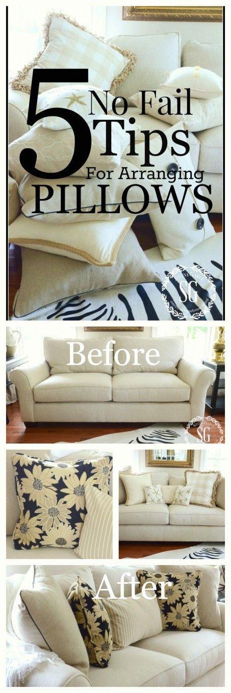 5 NO FAIL TIPS FOR ARRANGING PILLOWS  get it right and beautiful every time stonegableblog.com Staging Pillows On Couch, How To Choose Couch Pillows, Cushion Decor Ideas, How To Style Cushions On Sofa, How To Arrange Cushions On Sofa, Pillows On Loveseat, Sofa Cushions Arrangement, Throw Pillow Arrangement, Decorating Pillows